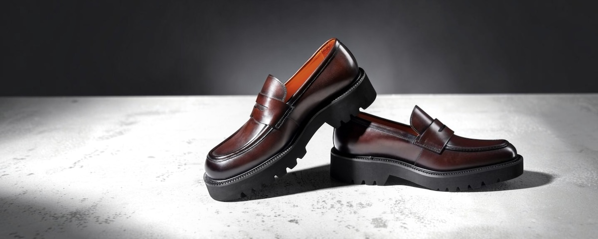 A pair of hand-crafted cognac brogues, viewed from above